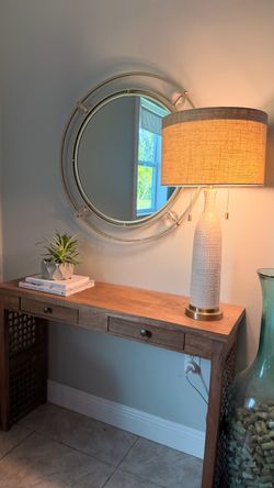 Natural Wood Console Table, Entryway or Sofa Table with Decorative Lattice Sides