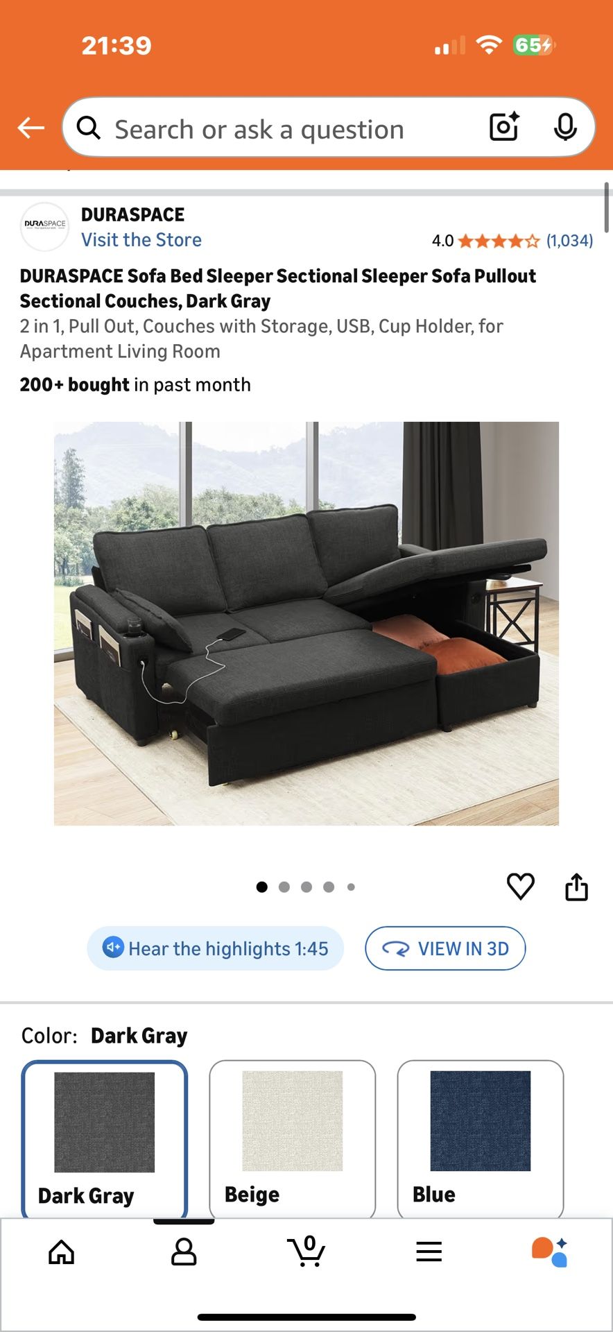 DURASPACE Sofa Bed Sleeper Sectional Sleeper Sofa Pullout Sectional Couches, Dark Gray