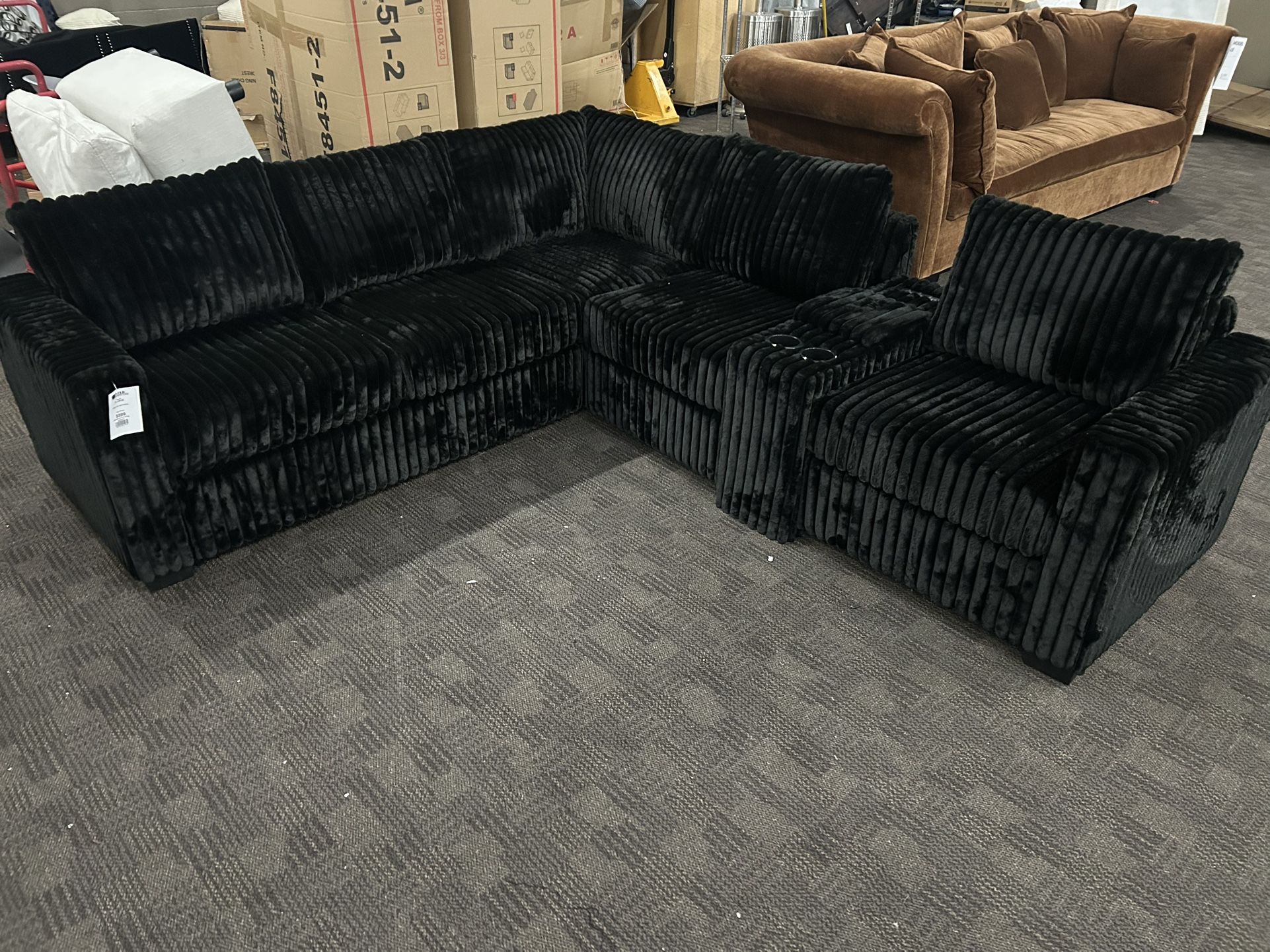 Black Sectional W/ Console And USB Ports