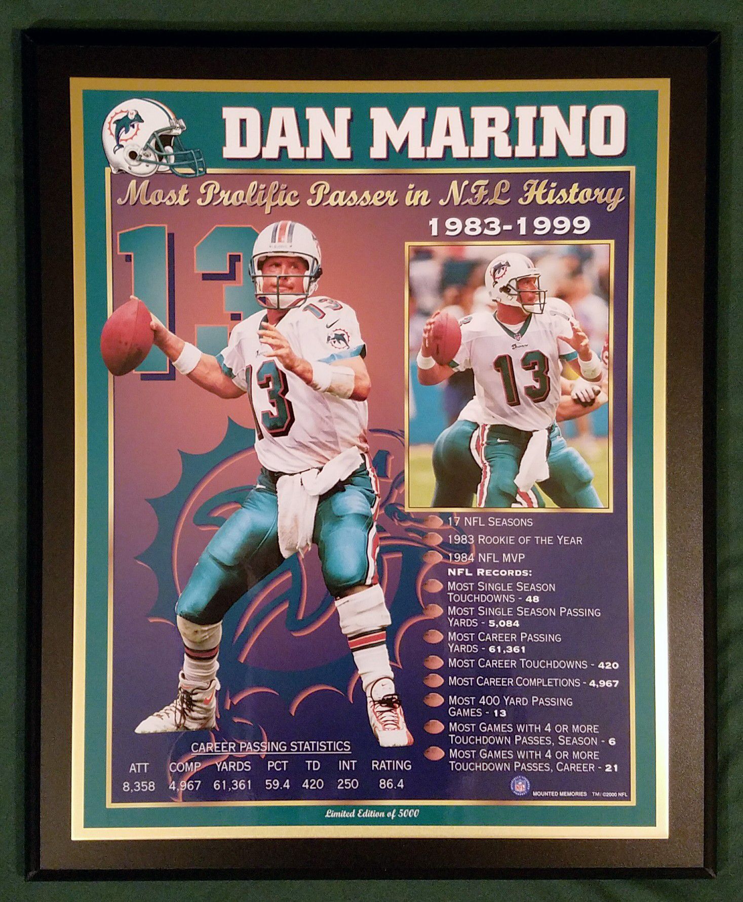 Dan Marino Most Prolific Passer Plaque