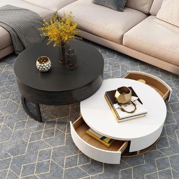 Nesnesis Modern Round Lift-top Nesting Wood Coffee Table with Drawers White & Black