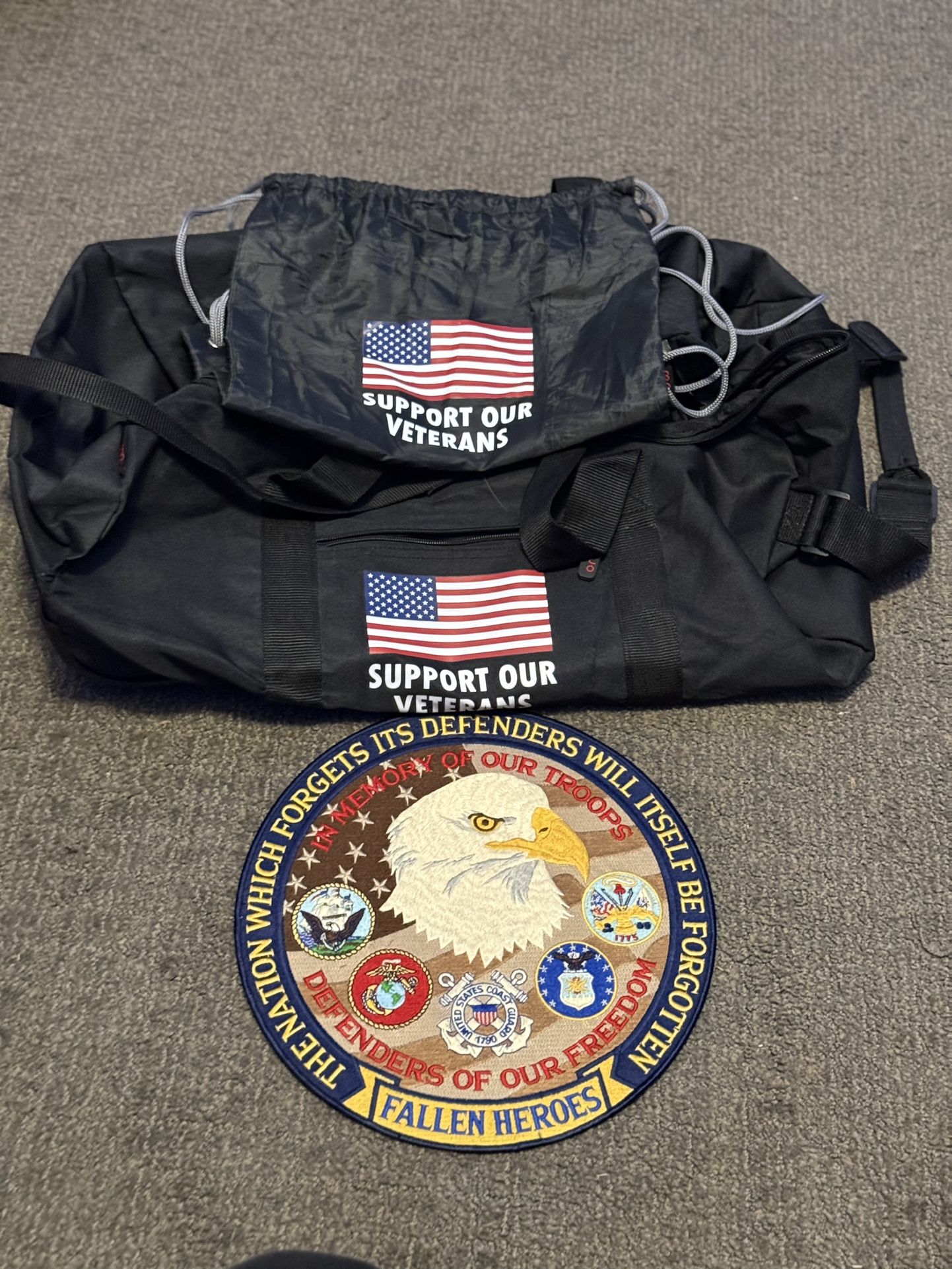Support Our Veterans Wheeled Duffel Bag + Drawstring Bag w/ Military Patch