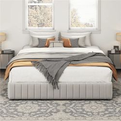 Bed Frame with 3 Storage Drawers, Queen, Beige