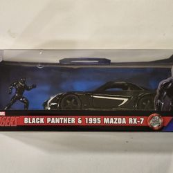 JADA 1:32 SCALE METAL DIECAST. MARVEL AVENGERS. BLACK PANTHER. 1995 MAZDA RX-7 WITH BLACK PANTHER METAL DIECAST FIGURE. 