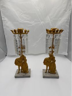 Pair of Vintage Crystal Prism Candle Holders with Marble Bases