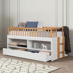 WHITE LIGHT OAK FINISH TWIN SIZE STORAGE BOOKCASE BED LOFT LADDER TRUNDLE