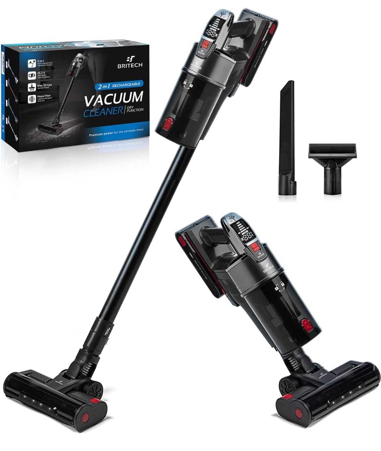 BRITECH Cordless Lightweight Stick Vacuum Cleaner, 500W Motor for Powerful Suction 40min Runtime, LED Display Screen & Headlights, Great for Carpet Cl