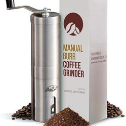 Manual Stainless Steel Coffee Grinder - 18 Adjustable Settings, Portable Conical Burr Grinder for Camping, Travel, Espresso - With Hand Crank