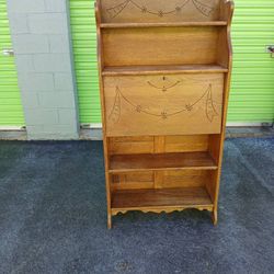 Desk: Vintage Drop-Front Secretary desk with bookcase shelves
