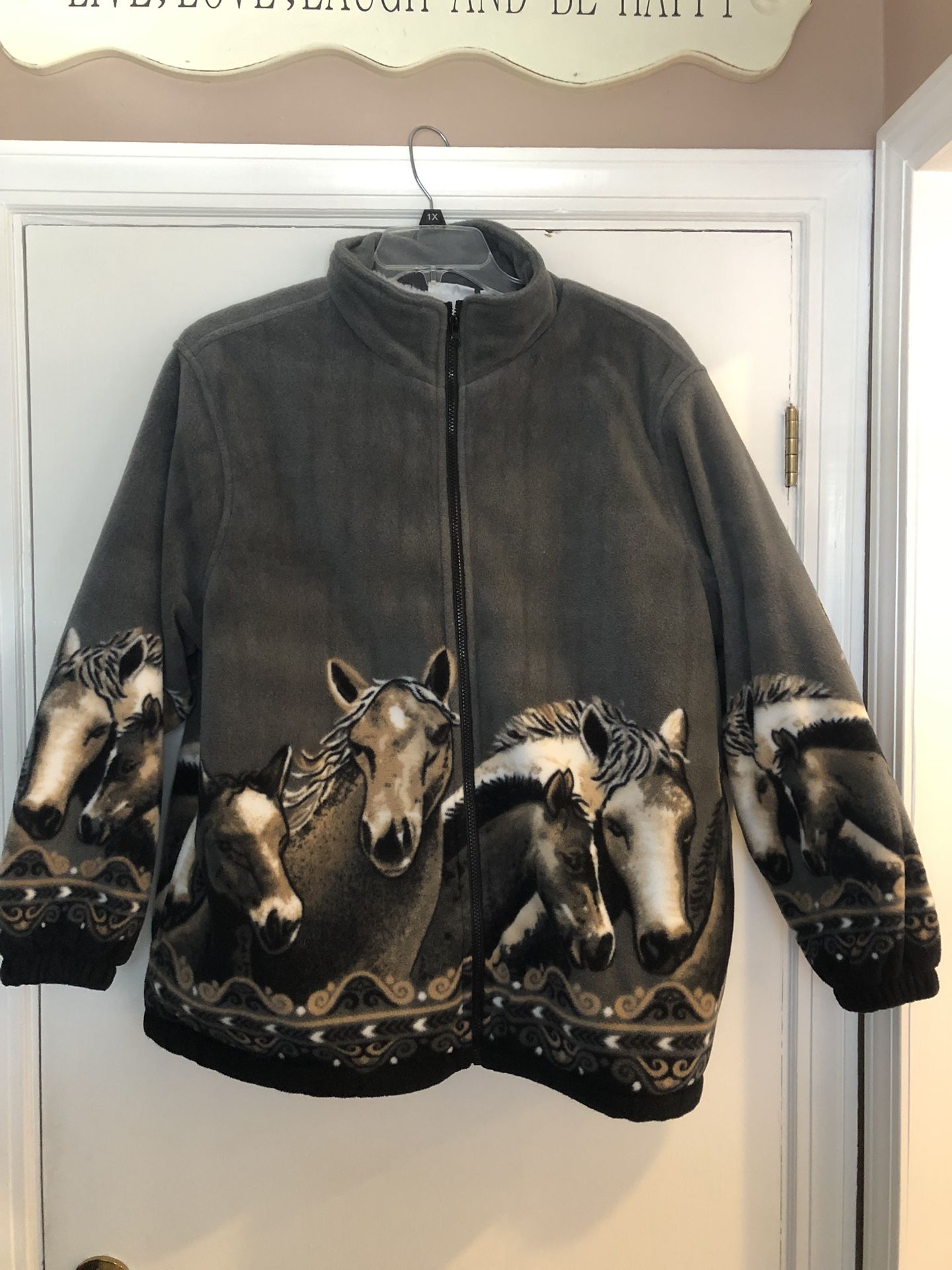 Sherpa Lined Fleece Horse Print Zip Up Jacket By CW Classic