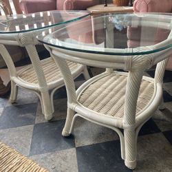 Matching Pair Of Rattan Glass Top End Tables