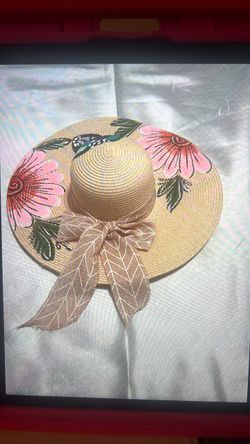 Wide Brim Straw Sun Hat Floral Painted