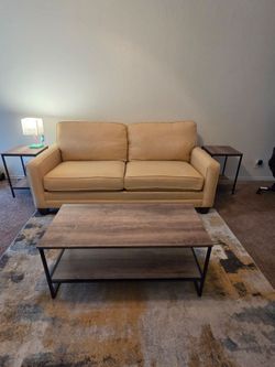 Beige Bassett Sofa with Coffee Table Set/rug