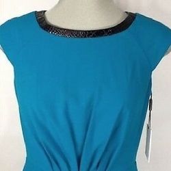 NWT CALVIN KLEIN Lagoon Color Dress with Faux Black Alligator Neck Trim, Size 12