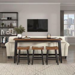 4 Piece Wood Counter Height Bar Table Set,3 Stools,Black/Brown Small Kitchen Table Set Kitchen Island Table with 3 Saddle Bar Stools, 4 Piece Dining T