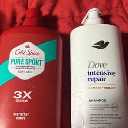Ladies dove shampoo, old spice men’s body wash