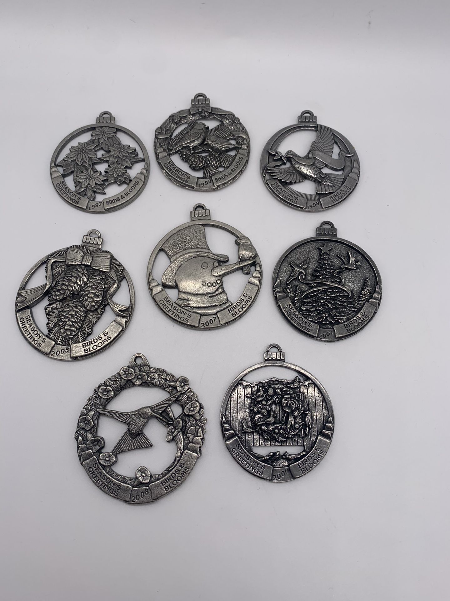 Season’s Greetings Bird & Blooms Pewter Ornaments. Set Of 8 pieces