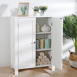 New White Bathroom Floor Storage Cabinet Free Standing Side Organizer, Double Doors Adjustable Shelf