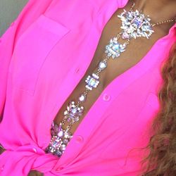 NEW Crystal AB Necklace Gold Body Chain Aurora Borealis 