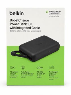 Belkin BoostCharge 10,000mAh 20W USB-C Power Bank w/ Built-In Cable