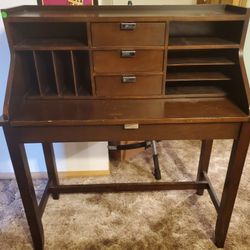Wooden Desk With Slide Out Tray And Compartments