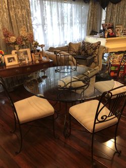 Glass and wrought iron circular dining room set 4 chairs