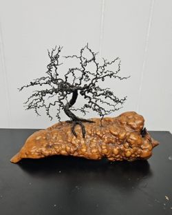Vintage Bonsai Black Wire Tree Sculpture on Burl Wood Base