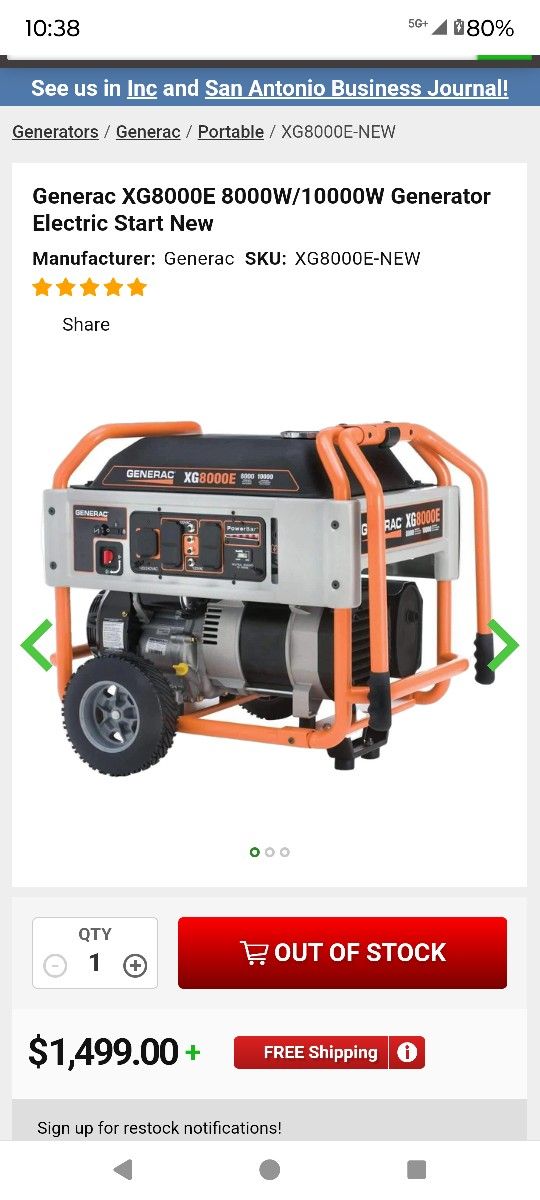Generac XG 8000 E 10,000 Watt Generator Like new