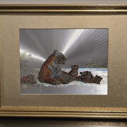 Josephine Marsh Holographic Foil Paper Of Tiger Cubs 10" x 13" Gold Frame