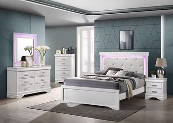Queen Bedroom Set LED Lights - White 4 Pieces