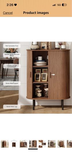 44" Tall Sideboard Storage Buffet Cabinet with Sliding Door, Walnut Small Coffee Bar Cabinets with Adjustable Feet, Mid-Century Modern Fluted Accent C