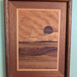 Beautiful Wood Inlay Signed Artwork Marine Boat Ocean Framed Art