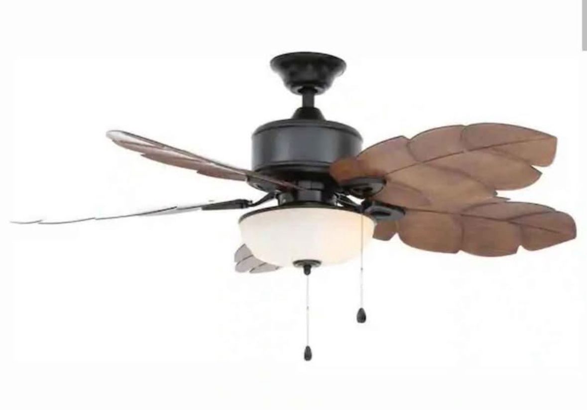 Palm Cove 52 in. Indoor/Outdoor LED Natural Iron Ceiling Fan with Light Kit, Downrod and Reversible