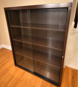Dark Brown Metal Bookcase with Sliding Glass Doors