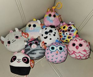New Lot Of 9 Mini Ty Squishy Beanies Plush Clip On Keychain 3"