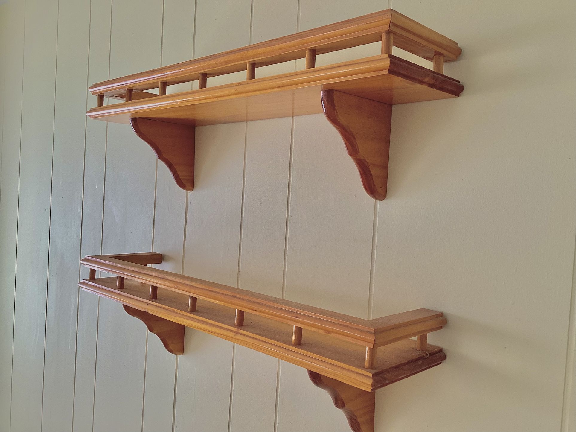 2 Wall-Mount Wood Shelves w/ Railing Spice, Knick Knack etc. Display 23” Long Lacquered Finish