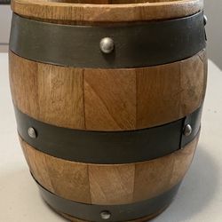 7” WOOD SLAT & RINGS BARREL UTENSIL HOLDER