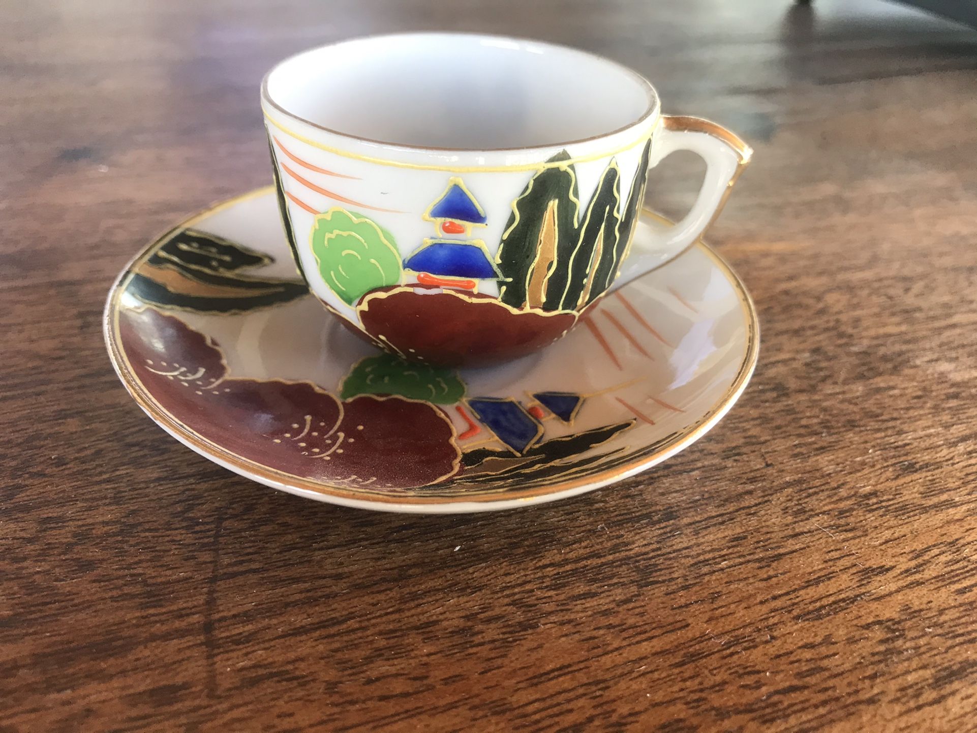 Antique Hand Painted Mini Teacup Snd Saucer - JAPAN