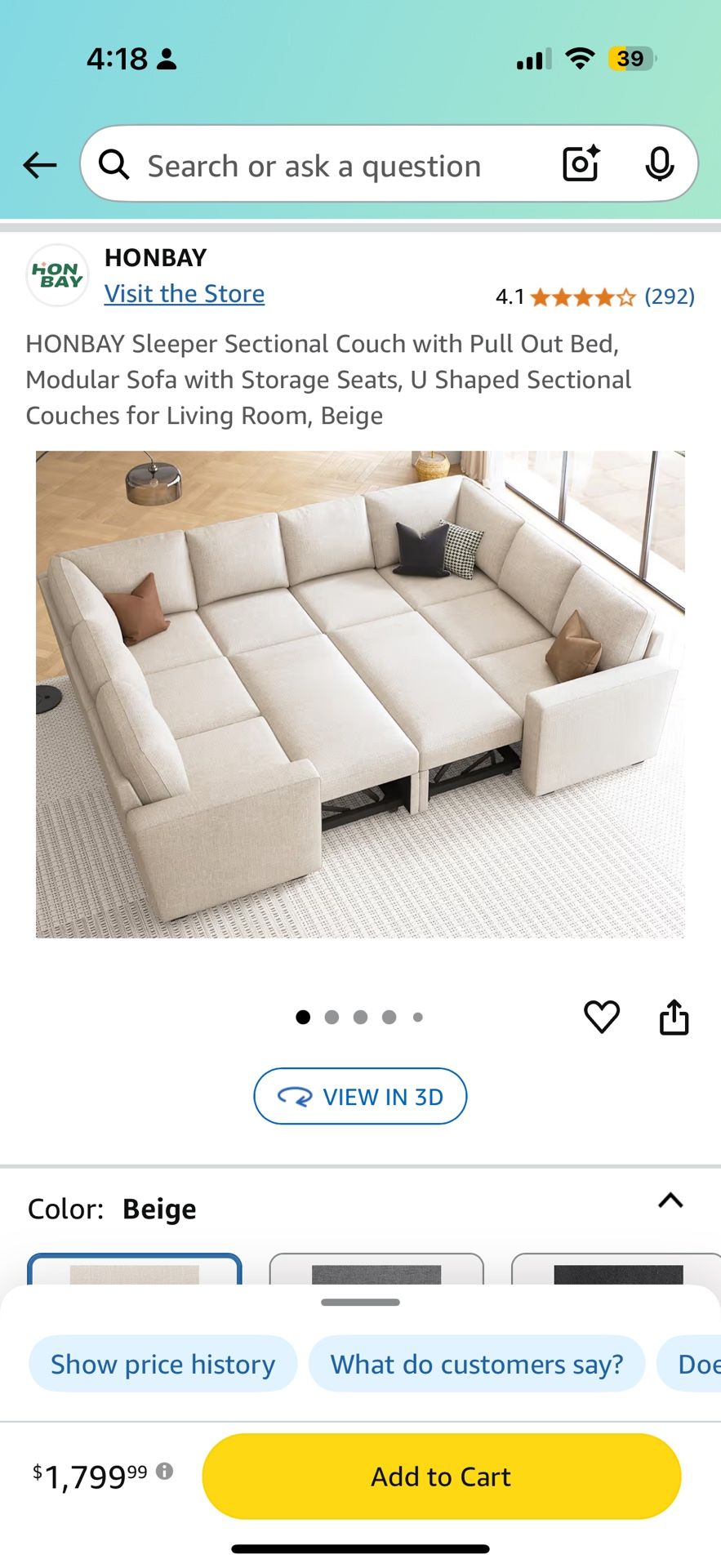 Honbay beige sleeper sectional couch