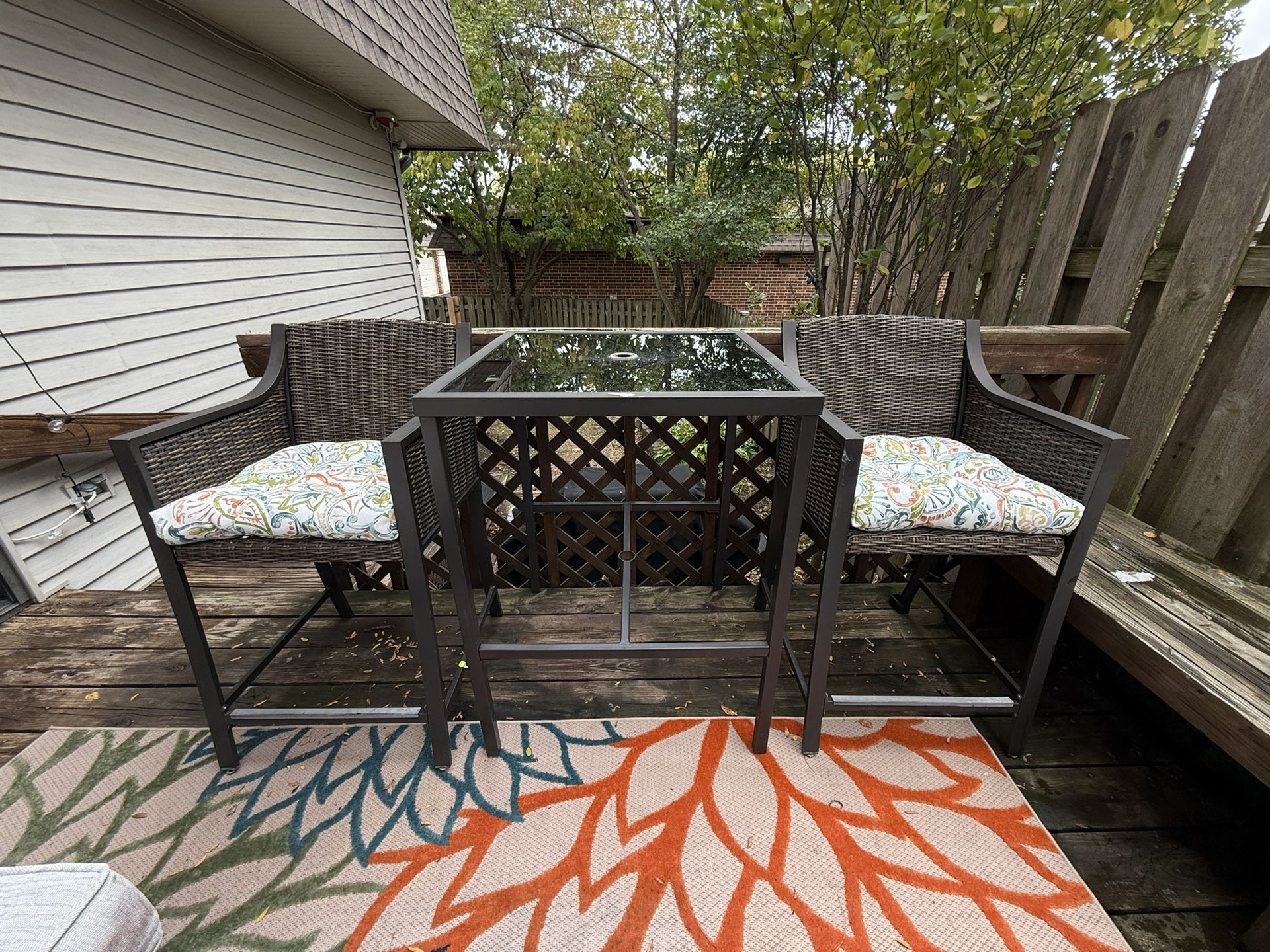 Patio High Glass And Metal Table, 2 Resin Chairs With Cushions And Umbrella And Stand
