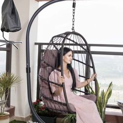 Egg Chair with Stand and Oxford Cover, Patio Wicker Hanging Swing Chair Brown