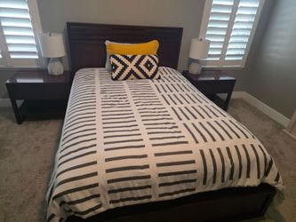 Dark Solid Wood Queen Bed Frame with Nightstands and dressers