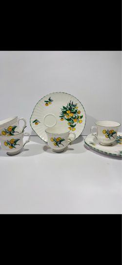 Antique Staffordshire Cornwall 3 Snack Trays & 4 Tea Cups Bone China England. Beautiful and high quality bone China set is in good condition. Size of 