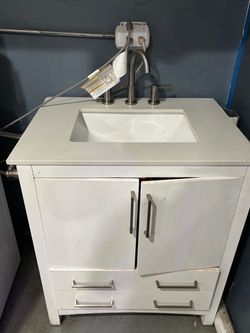 White Bathroom Vanity with Sink and Faucet and Mirror