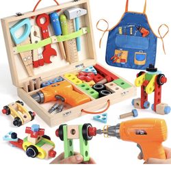 Kids Tool Set with Drill, Educational Montessori Toys for 3 Year Old Boys 44 Pcs STEM Kids Toys Wooden Toddler Tool Set with Apron & Box Christmas Bir