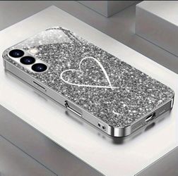 Silver Glitter Heart Electroplated Glass Case for iPhone 11-16 Case & Samsung Galaxy