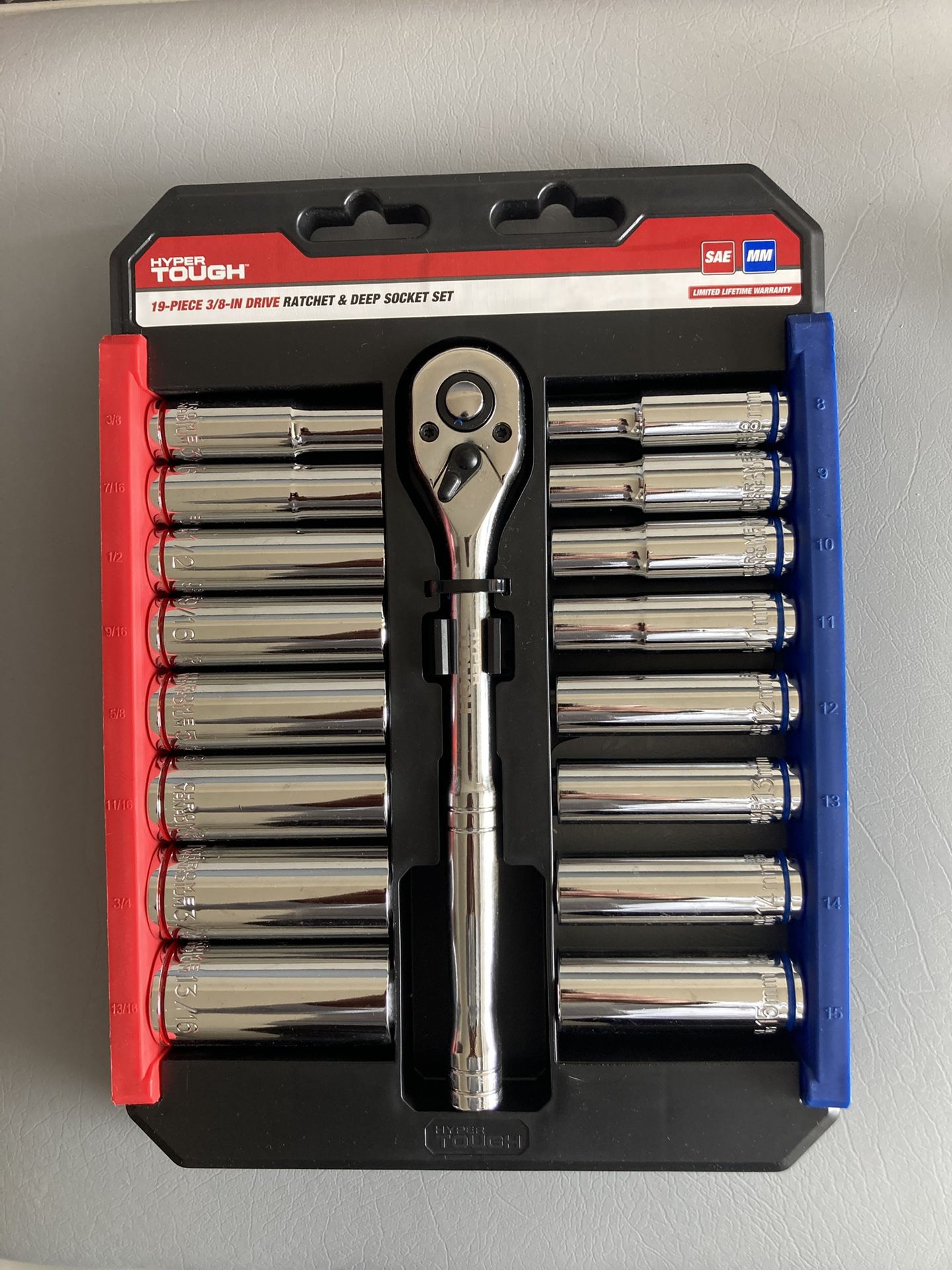 New Set of Hyper Tough 19 Piece 3/8 inch Drive Ratchet and Socket Set, Deep Standard Sockets