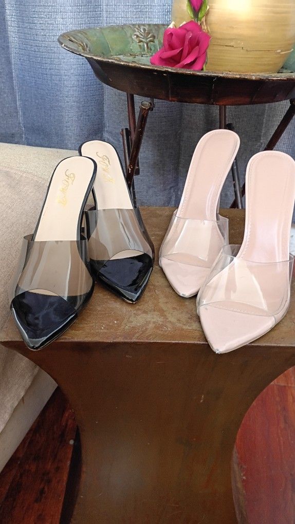 Size 8.5, Clear, Nude And Black Patten Hi Heel Sandles.
