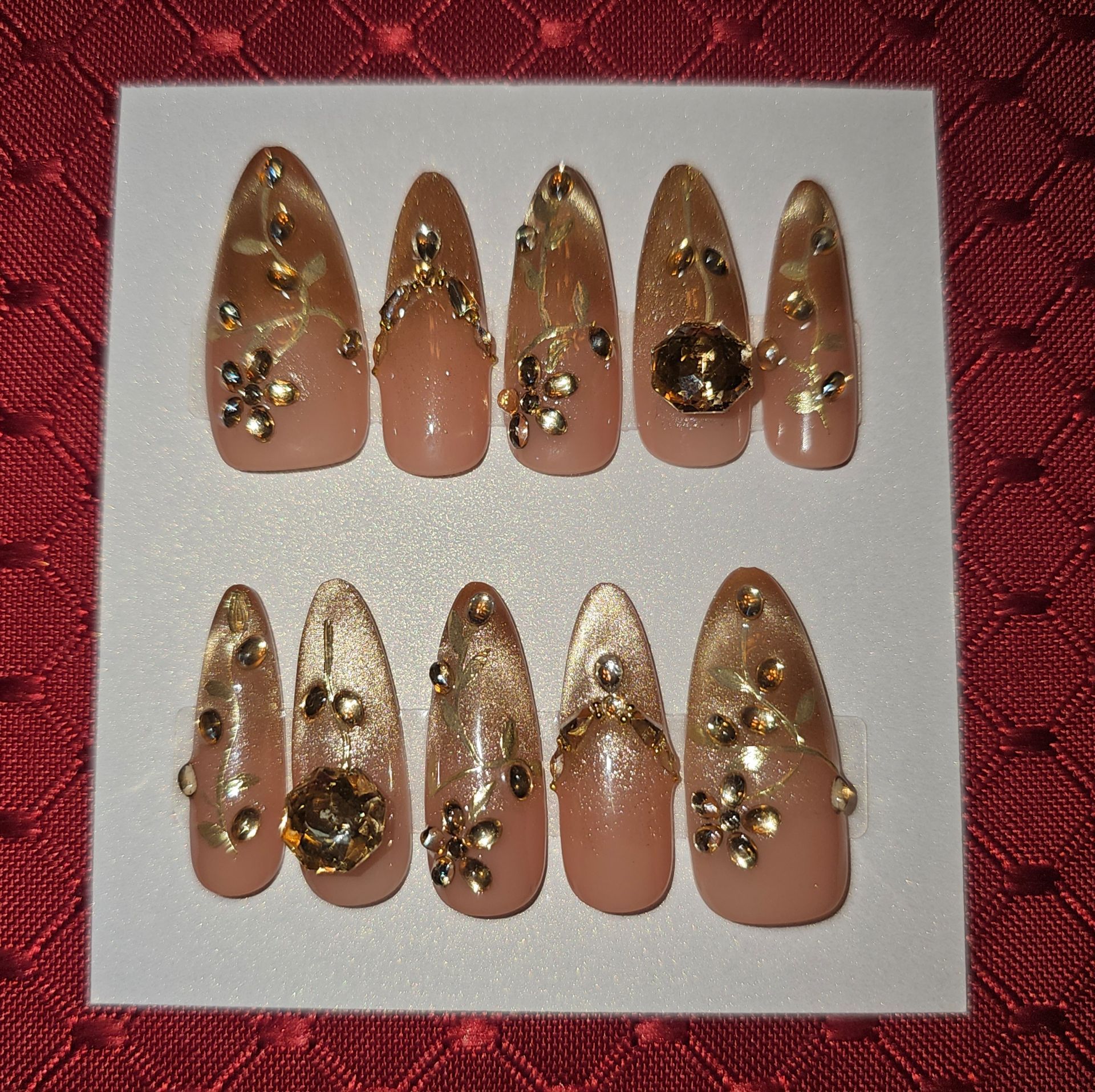 Press-On Nails | X-Long Almond | Beige w/ Gold Cateye Tips & Flower-Themed Gold Bling (#21)