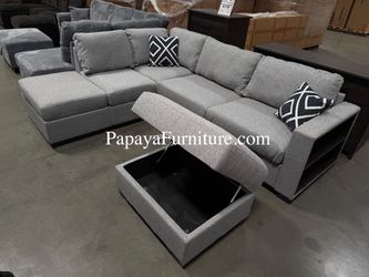 NEW Sectional Couch with Reversible Chaise Set FREE Storage Ottoman Left or Right Lounge Gray Fabric Living Room Apartment Sofa Open Shelf Storage Arm